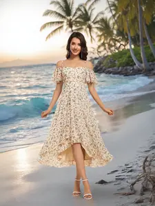 Ever-Pretty 2026  Summer Ruffle Midi Dress – Spaghetti Strap Asymmetrical Hem, Slim Fit for Wedding Guest, Vacation & Party  02103 Boho Bohemian floral  dress summer  outfits Floral Print Plus Cami Dress Floral Plunge Neck Maxi Dress A-Line Sparkly Prom D