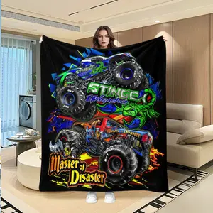 Trendy Hardcore Monster Truck Flannel Blanket, Full Print Stinger Scorpion & Master of Disaster Viking Car, Multi-Purpose Seasonal Throw