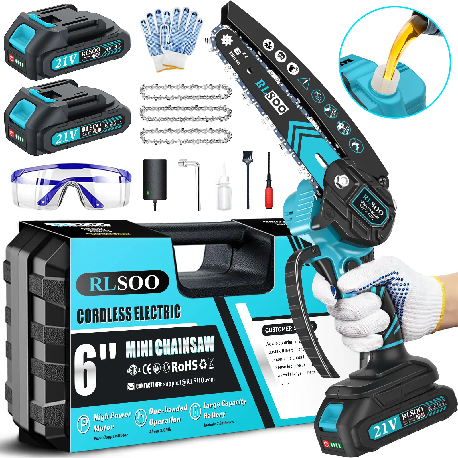 RLSOO Mini Chainsaw 6 Inch with Security Lock, Portable Battery Powered Chainsaw for Branches, Wood Cutting, Yard, Garden Use (2 Batteries, 3 Chains)