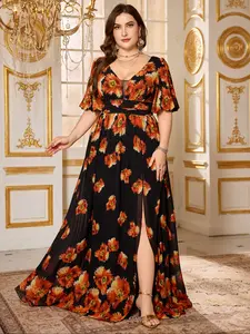 Elegant Deep V Neck Short Sleeve Chiffon Dress, High Slit Waist Cinching Long Gown, Perfect for Evening Parties and Formal Events