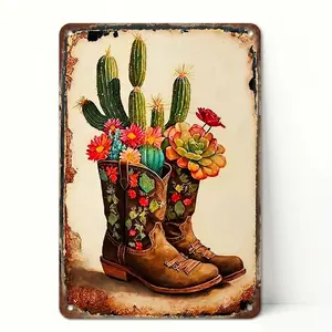 Vintage Western Cowboy Boots Cactus Floral Metal Sign - Rustic Distressed Tin Wall Art Decor, Home Supplies Plaque for Living Room, Home Gift