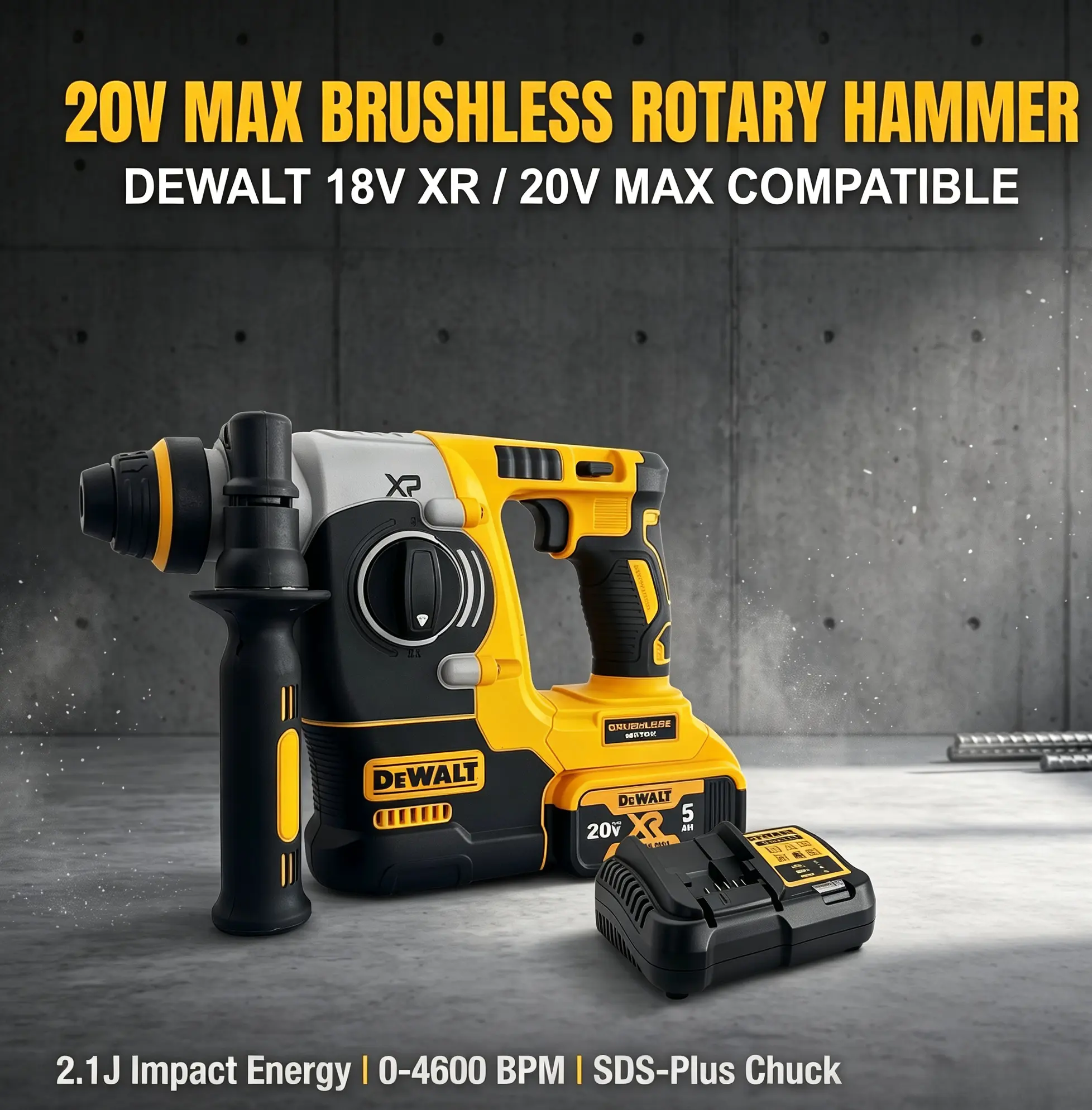 DEWALT DCH273 18V XR SDS Plus Rotary Hammer for Concrete Drilling and Masonry Installation Professional Construction Tool with Brushless Motor 2 Mode Operation 24mm Concrete Capacity SHOCKS Vibration Control and Cordless Design