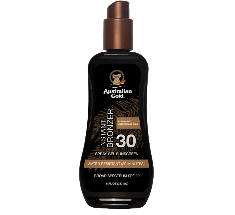 Australian Gold SPF 30 Spray Gel Sunscreen with Instant Bronzer, 8 oz, Broad Spectrum, Water-Resistant, Non-Greasy, Oxybenzone-Free, Cruelty-Free, Moisturizing & Hydrating Body Sunscreen