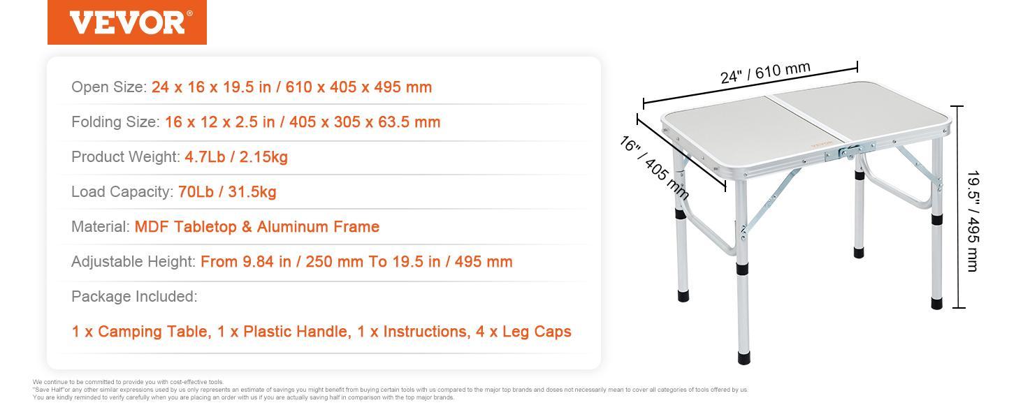 【FathersDayGift】VEVOR Folding Camping Table, Adjustable Height Outdoor Portable Side Tables, Lightweight Fold Up Table, Aluminum & MDF Ultra Compact Work Table, For Cooking, Beach, Picnic, Travel, 24x16 inch, Silver 【FathersDayGift】VEVOR Folding Camping Table, Adjustable Height Outdoor Portable Side Tables, Lightweight Fold Up Table, Aluminum & MDF Ultra Compact Work Table, For Cooking, Beach, Picnic, Travel, 24x16 inch, Silver