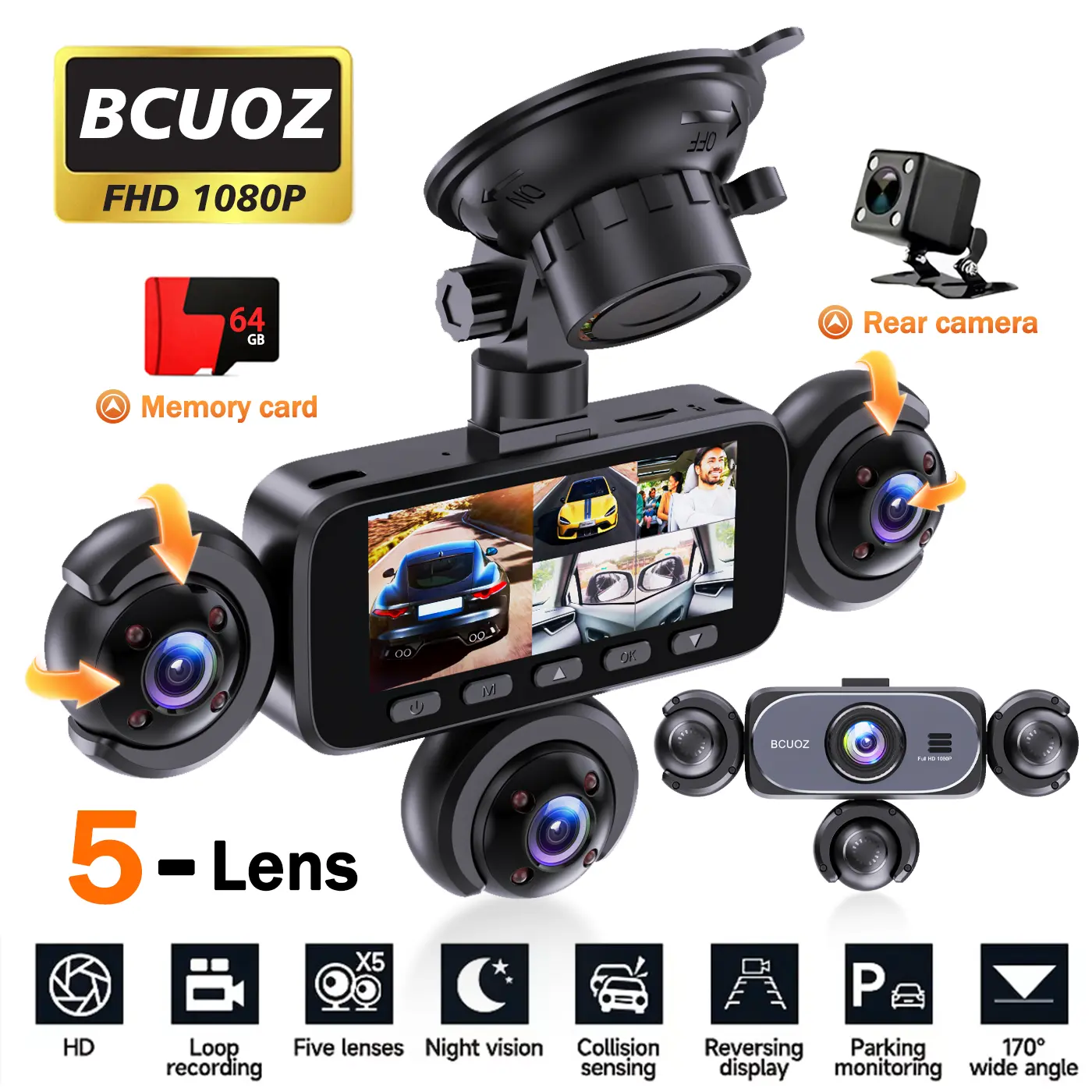 360° Panoramic 5-Lens Full HD 1080P Dash Cam Kit, 1080P front camera with 720P rear, left, right, and interior views, 3.16-inch split-screen display, super night vision, WDR technology, free 64GB memory card included, #SummerVibes#