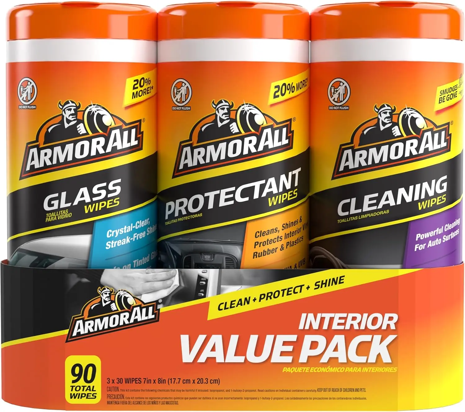 ARMOR ALL Disposable Protectant, Glass & Surface Cleaner Wipes - Windshield Cleaner, Vinyl Cleaner, Car Accessories, Deep Cleans Interior & Exterior (30 Count Each, Pack of 3)
