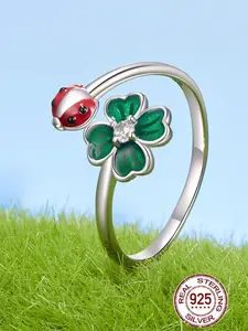 S925 Sterling Silver Cute Ladybug & Four Leaf Clover Design Cuff Ring, Adjustable Ring for Women & Girls, Fashion Jewelry for Party, Daily Decor, Fine Jewelry Gift, Unique Rings
