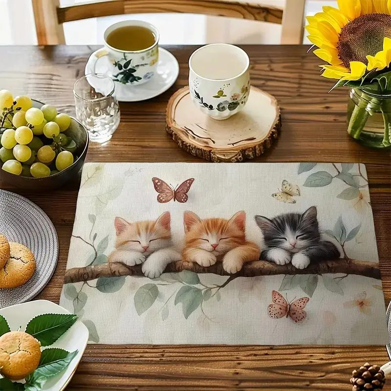 4-piece/6-piece dining table mat, watercolor tree branch sleeping cat table mat, anti slip/cleaning table mat set, suitable for kitchen dining, family gatherings, and party decoration, Placemat, Table Placemats