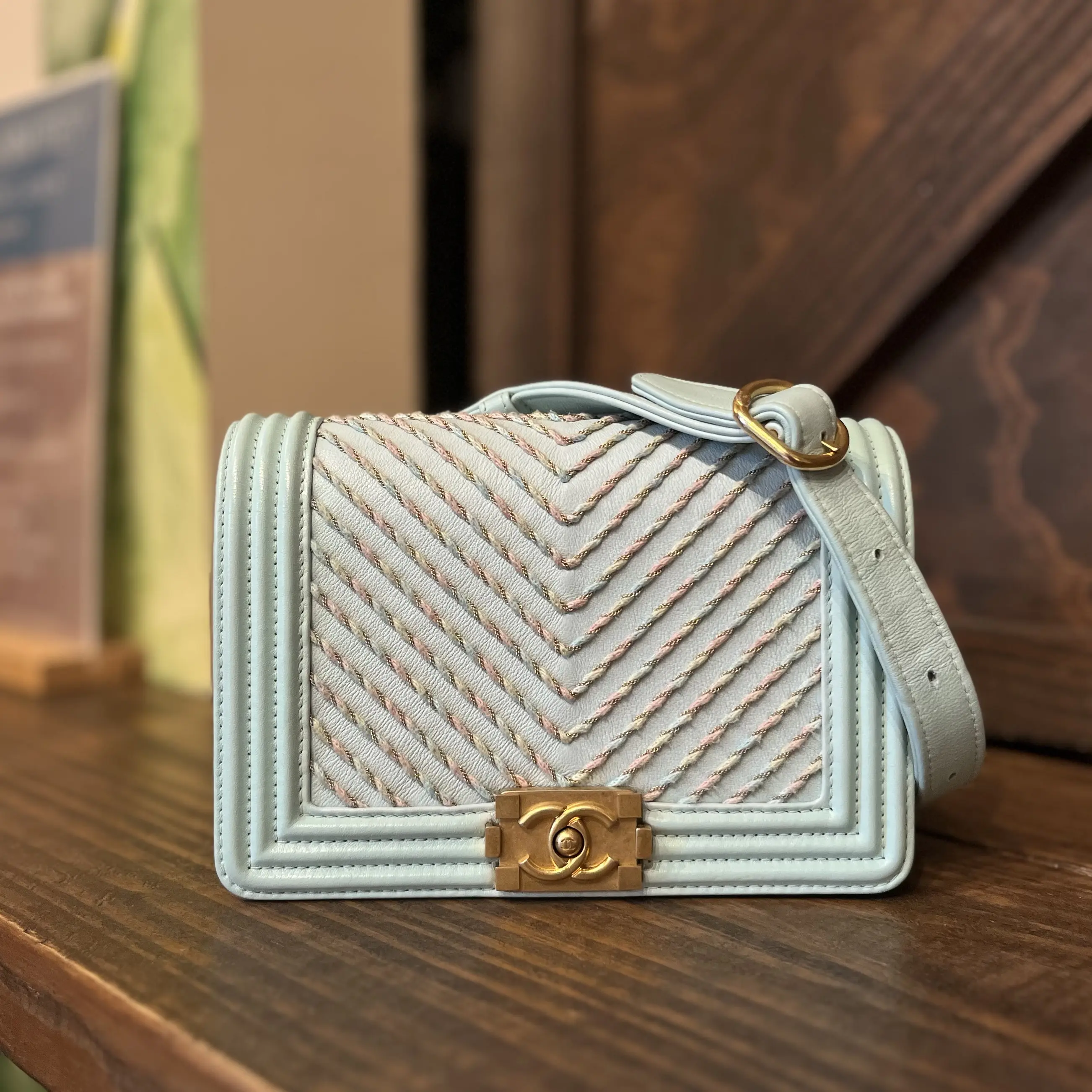 Pre-owned CHANEL calfskin Belt Bags Mini Flap By The Sea Chevron Embroidered Waist Belt Bag