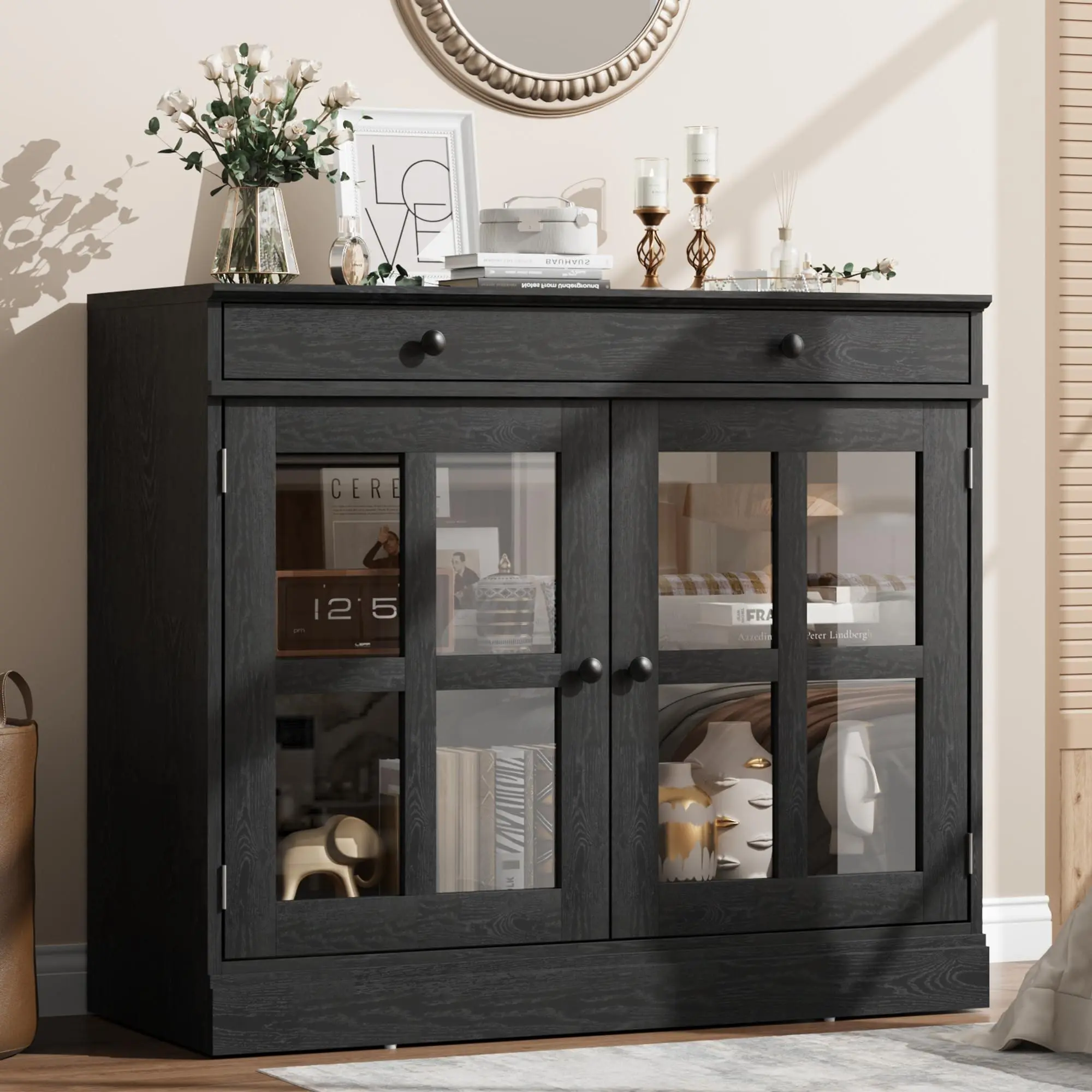 35.4" Sideboard Buffet Cabinets with Glass Door, Buffet Cabinet with Storage, White Sideboard Cabinet with Drawer, for Dining Room, Kitchen，Black Elegant Design Easy Assembly