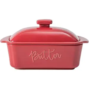 Butter Dish, 10 oz Ceramic Butter Keeper with Water Line,  Butter Dish with Lid for Countertop ( Red)