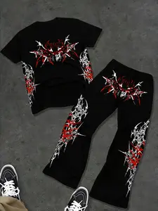 Gothic Thorn Tribe Print Sportswear Set, Loose Fit Printed Cotton Blend Elastic Waist Wide Leg Pants, Casual Streetwear, Casual Tracksuit, Athleisure Tracksuit Outfit