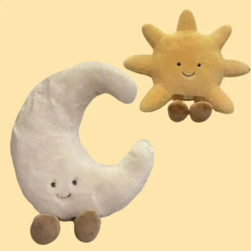 Cute Faces Soft Plush Stuffed Toy - White Moon, Yellow Sun Design - Kids' Bedroom Decor, Sofa Throw Pillow