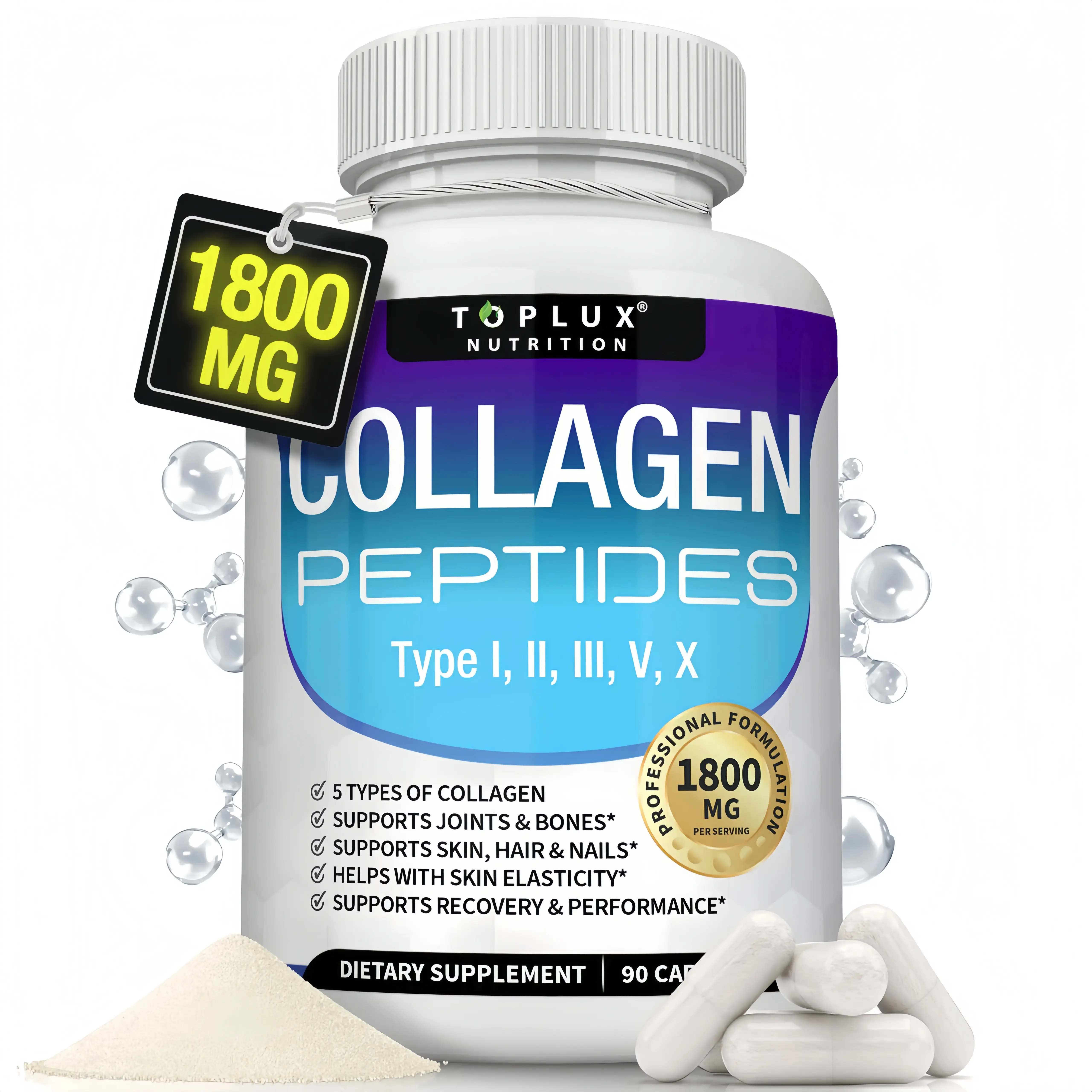 Toplux Multi Collagen Peptides Pills 1800 Mg Complex - Type I, I, Ill,V,X Premium Collagen Complex for Better Skin & HairStrong Joint,Hydrolyzed Protein, for Men Women,90Capsules, Supplement Colagen Edible