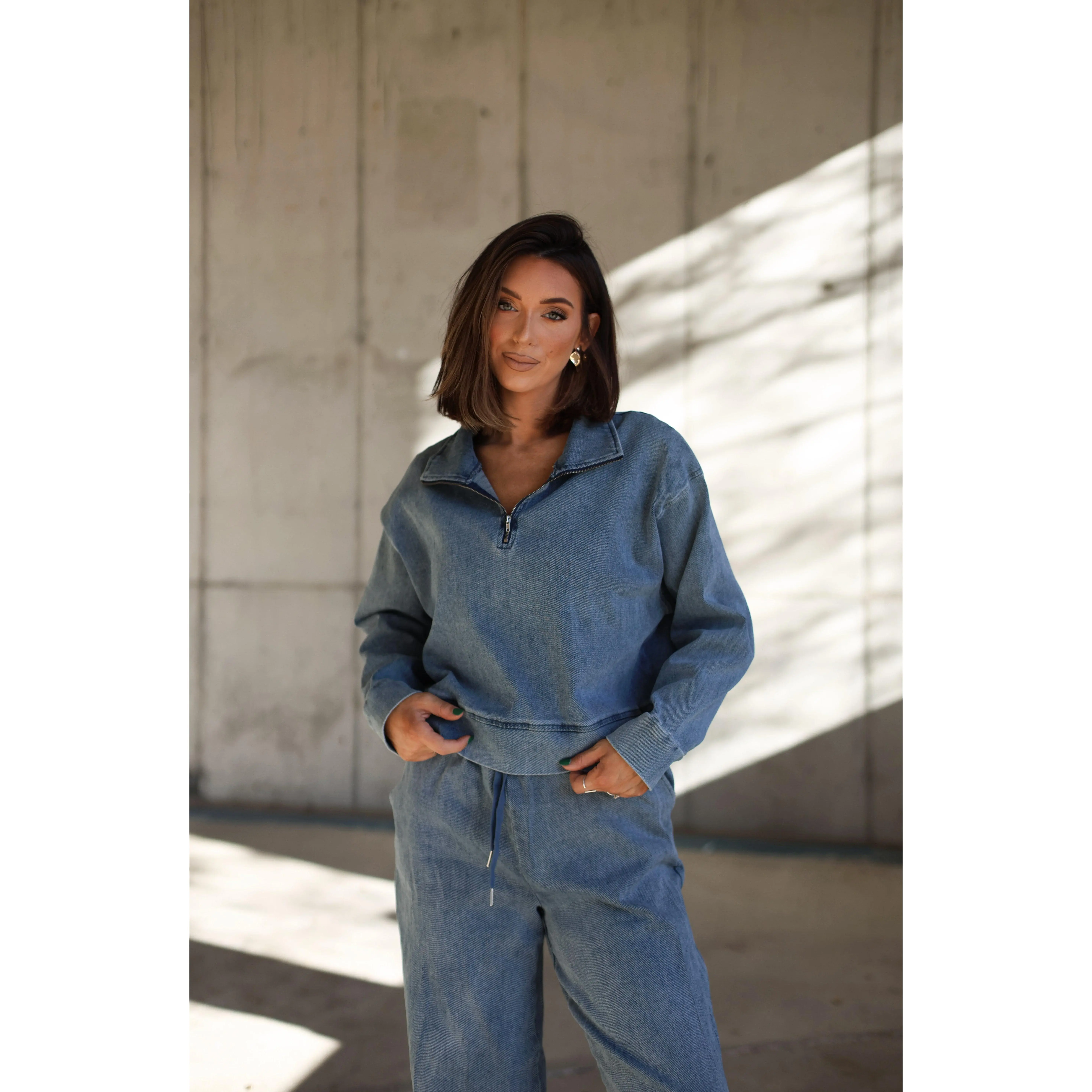 Women's Chic Denim Quarter Zip Top - Casual Cropped Pullover with Drop Shoulders and Collar, Cotton Blend Spandex Fabric, Collared, Denim Top, Fit, Denim Jersey Fabric Women's Casual Jackets