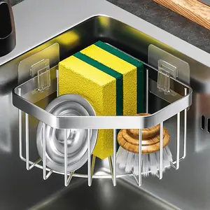 Stainless Steel Kitchen Sink Corner Drain Storage Rack, Wall Mounted Triangle Shaped Multi-function Sponge Storage Rack, Kitchen Storage Organizer