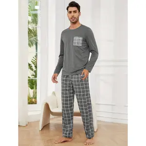 [100% Polyester Plaid Pajama Set] Men'S Casual Long Sleeve Crew Neck Pajama Set with Pocket, 100% Polyester Plaid Pajama Pants, Slight Stretch Knit Fabric, All Season Comfort Sleepwear Set  Tops Loungewear