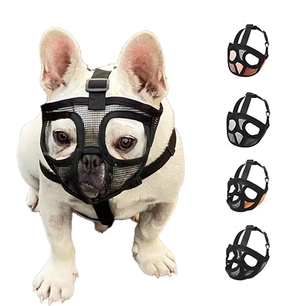 Breathable Mesh Hollow-Out Bulldog Mask for Short-Mouth Dogs, Adjustable Universal Pet Supply to Prevent Biting, Eating, Barking