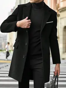 Men's Solid Color Plain Peaked Lapel Long Coat, Regular Fit Casual Soft Comfy Warm Long Sleeve Button Front Outerwear for Daily Wear, Men's Clothes for All Seasons, Jackets, Menswear, Fitted