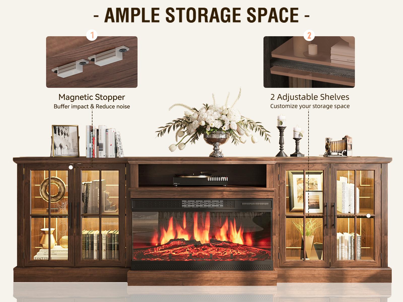 【2 Packages Shipping】 oneinmil 98" Farmhouse TV Stand with 36" Fireplace for TVs up to 100", Media Entertainment Center with Adjustable Shelves and Large Storage Cabinets, for Living Room, White & Black