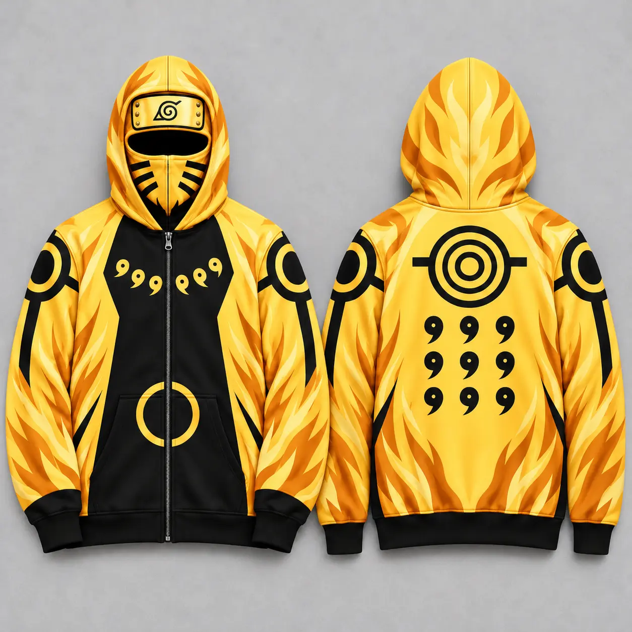 Mens Full-Zip Ninja Balaclava Hoodie, Built-In Shinobi Face Mask Jacket, Golden Fox Beast Flame Chakra All-Over Print Sweatshirt, Anime Fan Gift