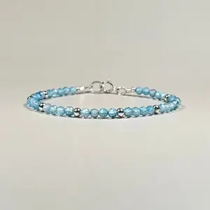 Natural Blue Topaz Bracelet 3mm Tiny Blue Gemstone Dainty Bracelet Delicate Crystal Beaded Bracelet Anklet Minimalist Style for Women Handmade Adjustable