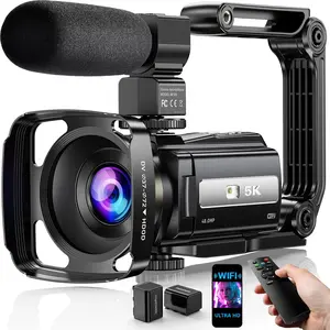 Video Camera, 5K Camcorder UHD 48MP WiFi Vlogging Camera for YouTube IR Night Vision Anti-Shake 16X Digital Zoom 3"  Screen Camera with Microphone,Handheld Stabilizer,Lens ,Remote,2