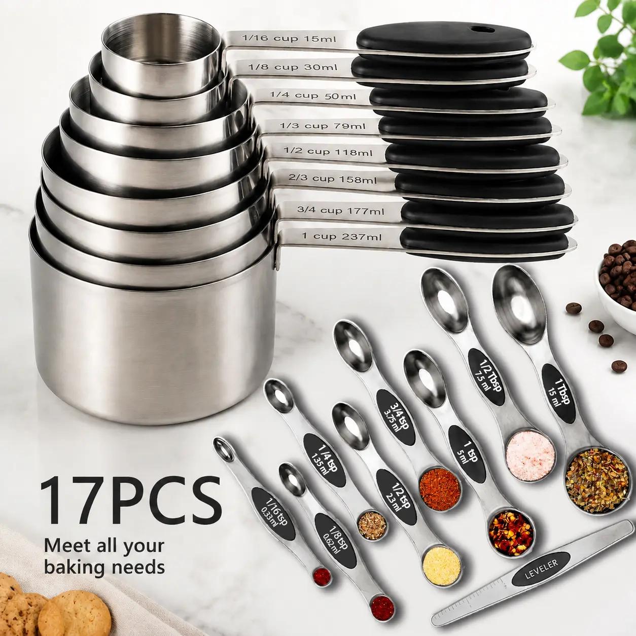 17 piece set of modern industrial classic cups and spoons heavy-duty double-sided magnetic spoons stackable kitchen measuring tableware for dry and liquid ingredients cooking kitchen tools with silicone handles food cups and spoons