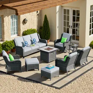 【Summer Vibes】OVIOS Kenard 9-Piece Outdoor Patio Furniture Set with 30'' Fire Pit Table & 2 Rocking Chairs, Wicker Sofa Set with Cushions for Backyard Patio Porch Deck Garden Balcony Outdoor Seating Furniture Set
