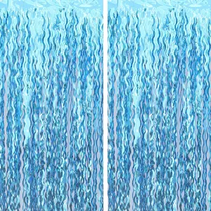 Wavy Tinsel Foil Fringe Curtain Photo Booth Props for  Birthday Under The Sea Party Decorations (2 Pack 3.2 ft X 6.6 ft Teal Blue)