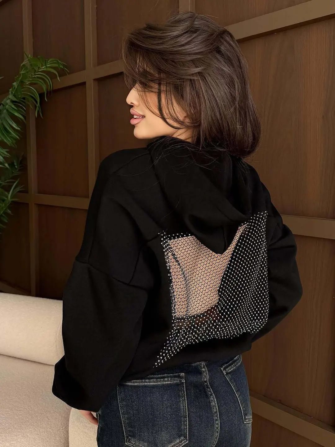 Y2K Style Women Hollow Mesh Hoodie, Translucent Long Sleeve Crew Neck Casual Pullover Sweatshirt