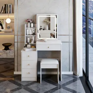 29.2" Small Size Left Bedside Cabinet LED Mirror Vanity Table + Cushioned Stool, Large Sliding, Touch Control, 3-color Switch, Brightness Adjust Mirror, High Capacity Storage, EPA, GCC, UL Certificate