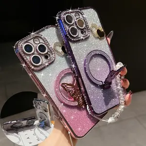 Glitter Phone Case with Butterfly Holder & Chain, Fashion Phone Protective Case, Lightweight Shockproof Cover, Phone Accessories Compatible with iPhone 16 15 14 13 12 11 Pro Max, Cellphone Smartphone Cover Protector Casing, Phone Accessory Compatible