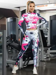 Two-piece Set Women's All Over Print Zip Up Crop Jacket & Leggings Tracksuit Set, Sporty Breathable Comfy Yoga Wear Fitness for Yoga Gym Workout Running, Ladies Sportswear for All Seasons