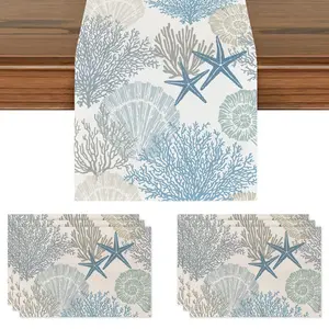 Summer Ocean Seashell Scallop Coral Starfish Pattern Table Mat, Holiday Decor Pillow Case, Polyester Kitchen Tablecloth, Home Party Decoration