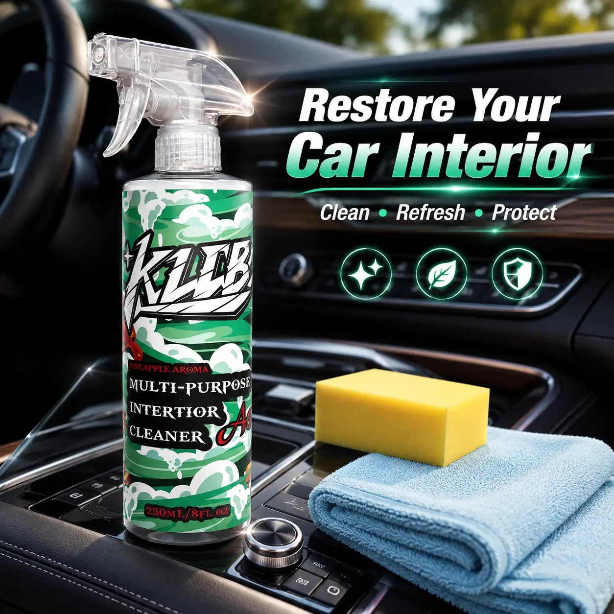 Multi-Purpose Car Interior Cleaner Spray Kit with Sponge & Towel - Automotive Interior Care Supplies, Leather Upholstery Restorer - Removes Dirt, Grime, Odor Instantly, Safe for Leather, Plastic & Fabric, Fresh Finish for Dashboard & Seats