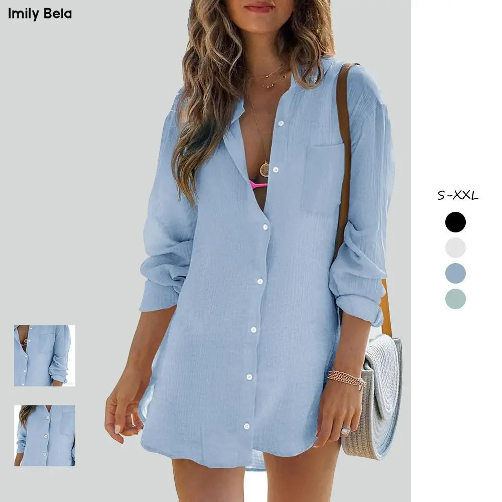 Imily Bela Women's Longsleeves Breathable Cotton Gauze Tunic Blouse - Button-Down, Thin, Loose, Pocketed Front, Cuff Sleeves, Beach Coverup to Brunch, Dress Casual Layering Top, Size M, Girls, Layering Outfits, Plain, Going Out, Ootd Ideas