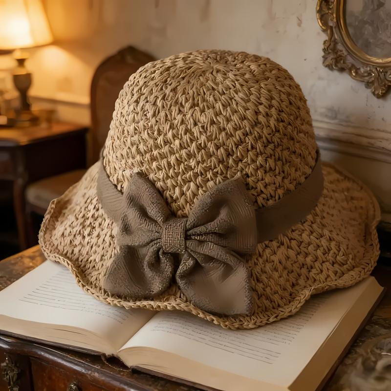 Vintage Woven Handmade Straw Hat with Ruffle Bow, Elegant French Style Sun Hat, Foldable & Breathable Beach Hat for Travel & Outdoor