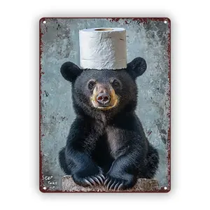 Room decor, rustic black bear with toilet paper crown metal tin sign, vintage iron wall art, 7.87x11.81inch, humorous Pub & home decor, indoor/outdoor use