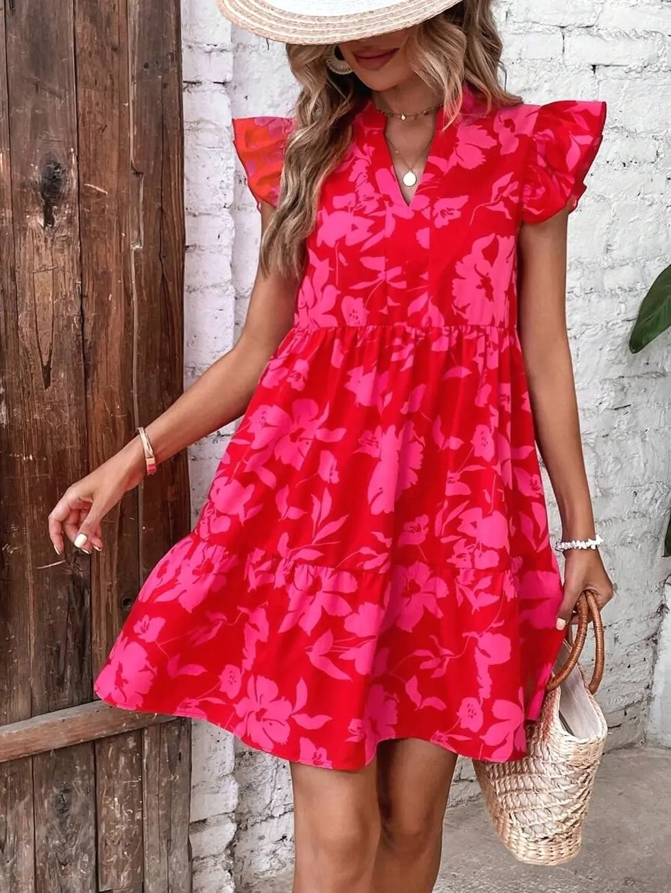 Floral Print Butterfly Sleeve Smock Dress, Casual Ruffle Hem Boho Dress for Summer Beach Vacation