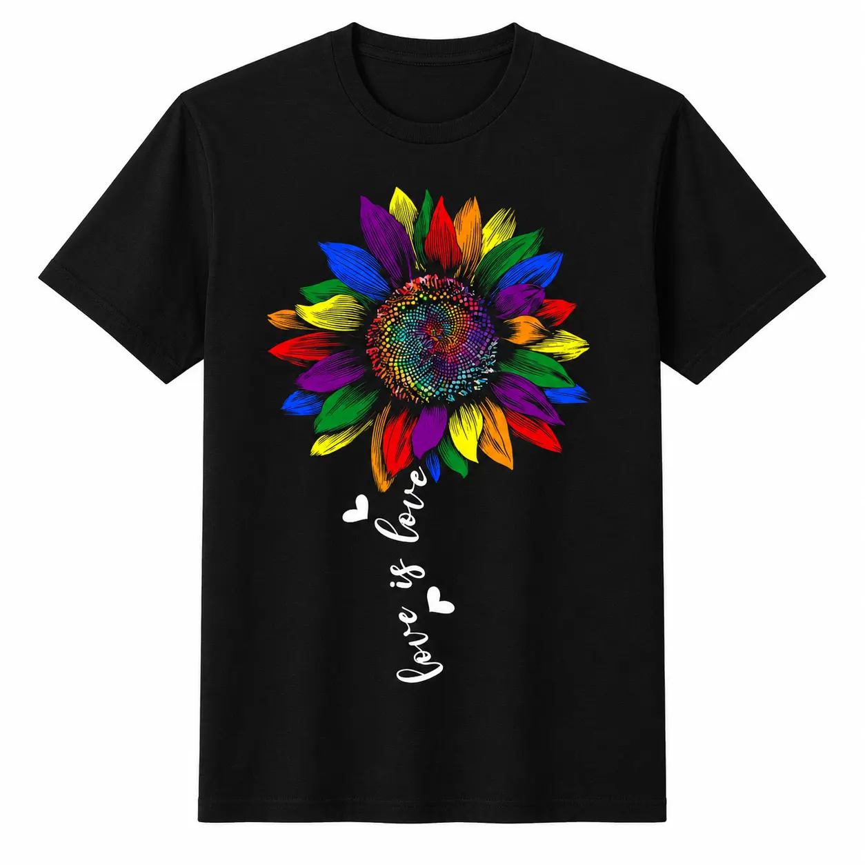 Men's Round Neck Short-Sleeve Floral Rainbow Streetwear Tshirt - LGBT Pride Graphic Casual Top, Shortsleeve, Menswear, Basics, Premium Cotton, All Over Print, Athletic, Photorealistic Print, Artwork Tee, Check Size Chart