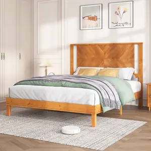 AMERLIFE Solid Wood Bed Frame with Headboard, Mid Century Modern Style Platform Bed with Under-Bed Storage, No Box Spring Needed, Noise Free, Easy Assembly
