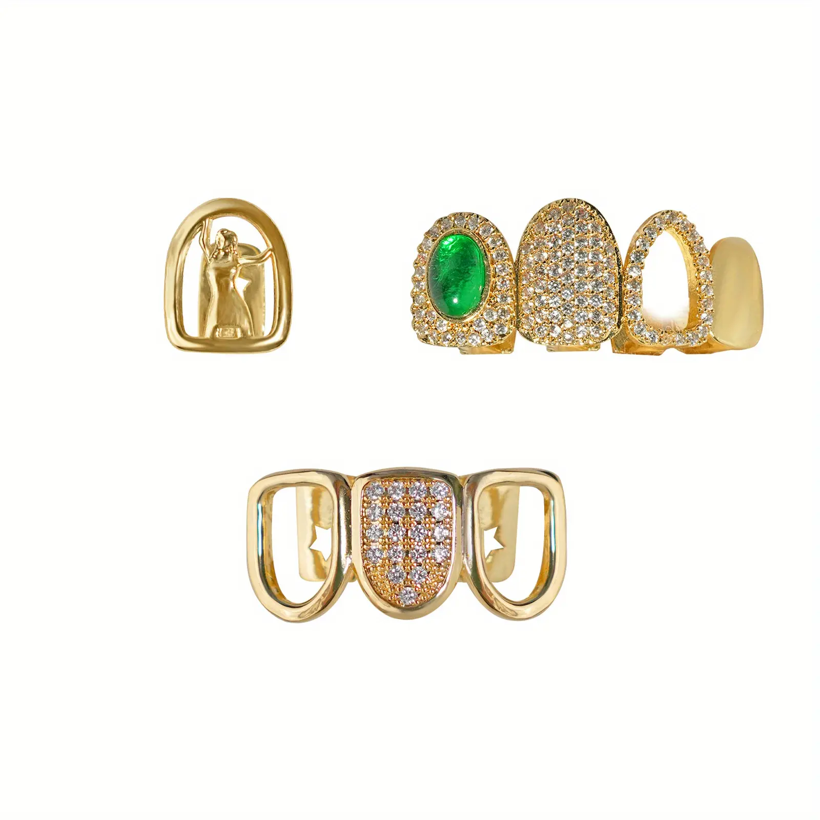 3pcs Multi-Pack Hip-Hop Tooth Gem Beauty Portrait Grillz - Single Teeth, 4 Large Green Synthetic Zirconia Stones, Stainless Wire Brace - Trendy Fashion Body Jewelry Gift for Men