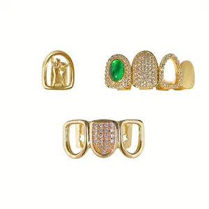 3pcs Multi-Pack Hip-Hop Tooth Gem Beauty Portrait Grillz - Single Teeth, 4 Large Green Synthetic Zirconia Stones, Stainless Wire Brace - Trendy Fashion Body Jewelry Gift for Men