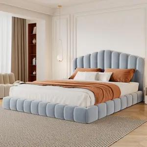 Velvet Upholstered Queen Bed Floor Bed Frame Shell-Shaped Headboard for Bedroom,No Box Spring Needed,Light Blue (Old SKU:BS324377AAC)