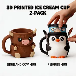 Adorable 3D Animal Ice Cream Cups Set of 2 – Highland Cow & Penguin Mug with Spoon Holder | Fun Dessert Bowl for Kids & Gift Idea