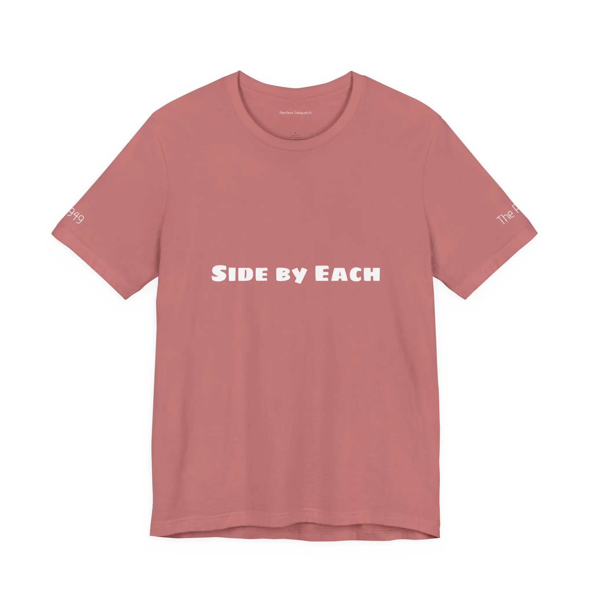 Side by Each T-Shirt | Minimal Text Tee, Center Chest Typography shoulder text
