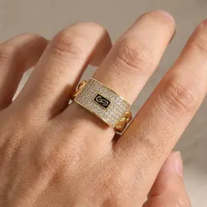 14K Gold Plated Iced Out Cuban Link Ring - Bling Initial "S" Zircon Ring for Men - Hip Hop Streetwear Jewelry Cuban Chain Ring Niche Design lced Out Zircon,Hip Hop personality Fashion, Hip Hop Ring forMen and Women