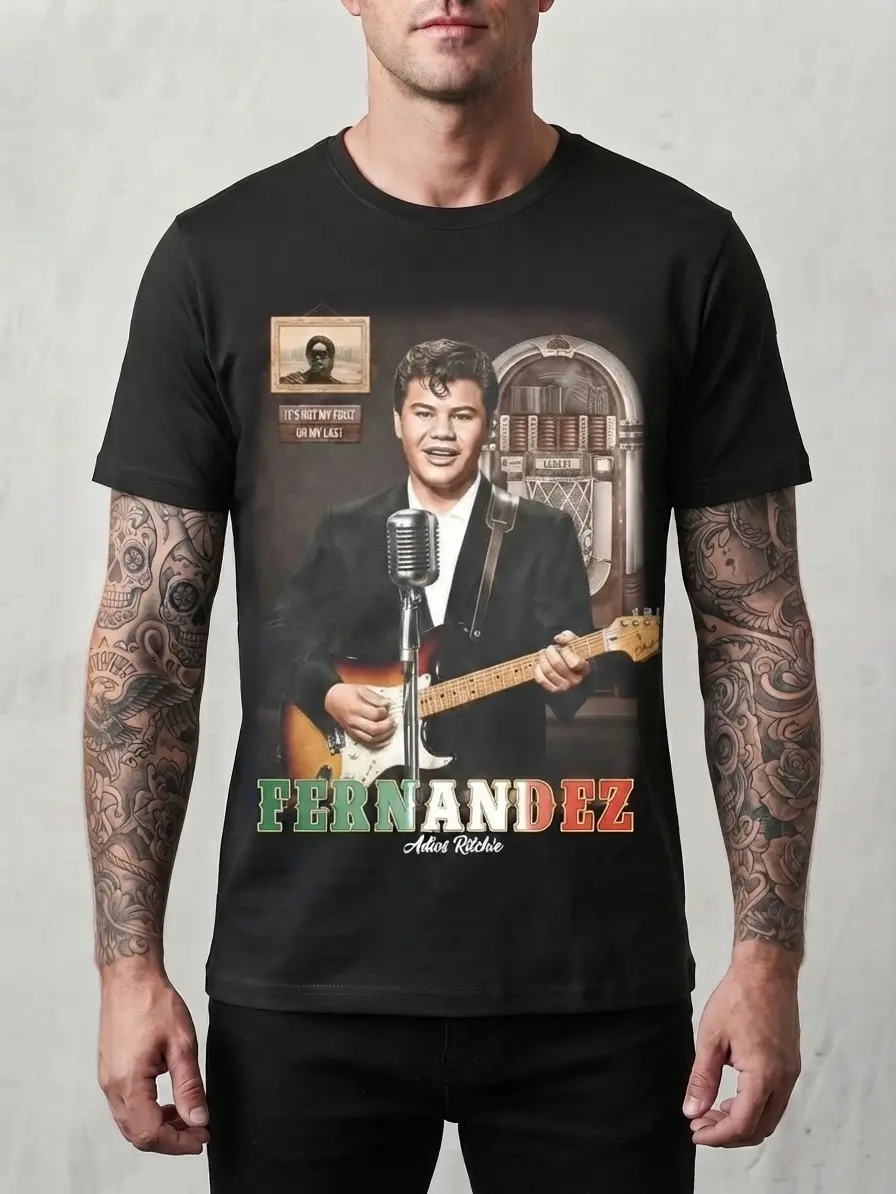 Men's Cotton Round Neck Shortsleeve Fitted Tshirt - Chicano Legend Ritchie Valens La Bamba Garment, Vintage Digital Print Microphone Guitar Graphic, 50s Rock & Roll Menswear, Limited Edition Casual Tee, Retro Style, Check Size Chart, Garments, Retro Basic