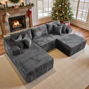 CAODOC 108" Modular Sectional Sofa Cloud Couch with Ottoman Corduroy Memory Foam L-Shaped Couch for Living Room Modern Deep Seat Boneless Fluffy Plush Chaise Lounge Free Combination